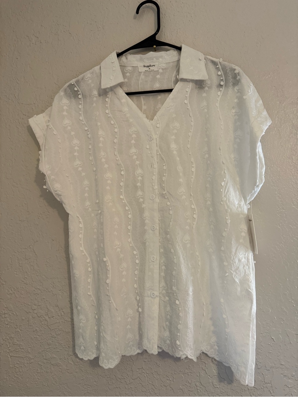 Sezane White Embroidered Button-Down Short Sleeve Blouse